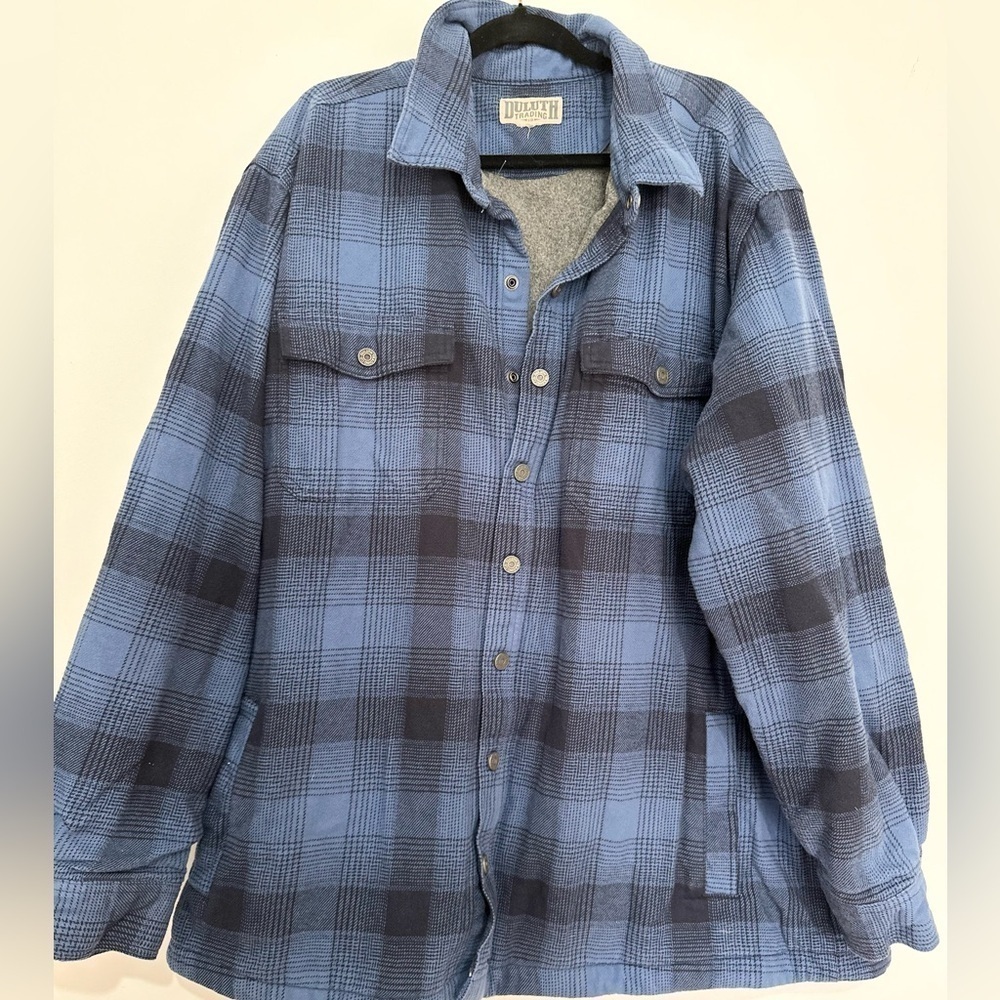 Duluth Trading Co 2XL men tall Heavy blue  Flannel shacket Plaid Button Up